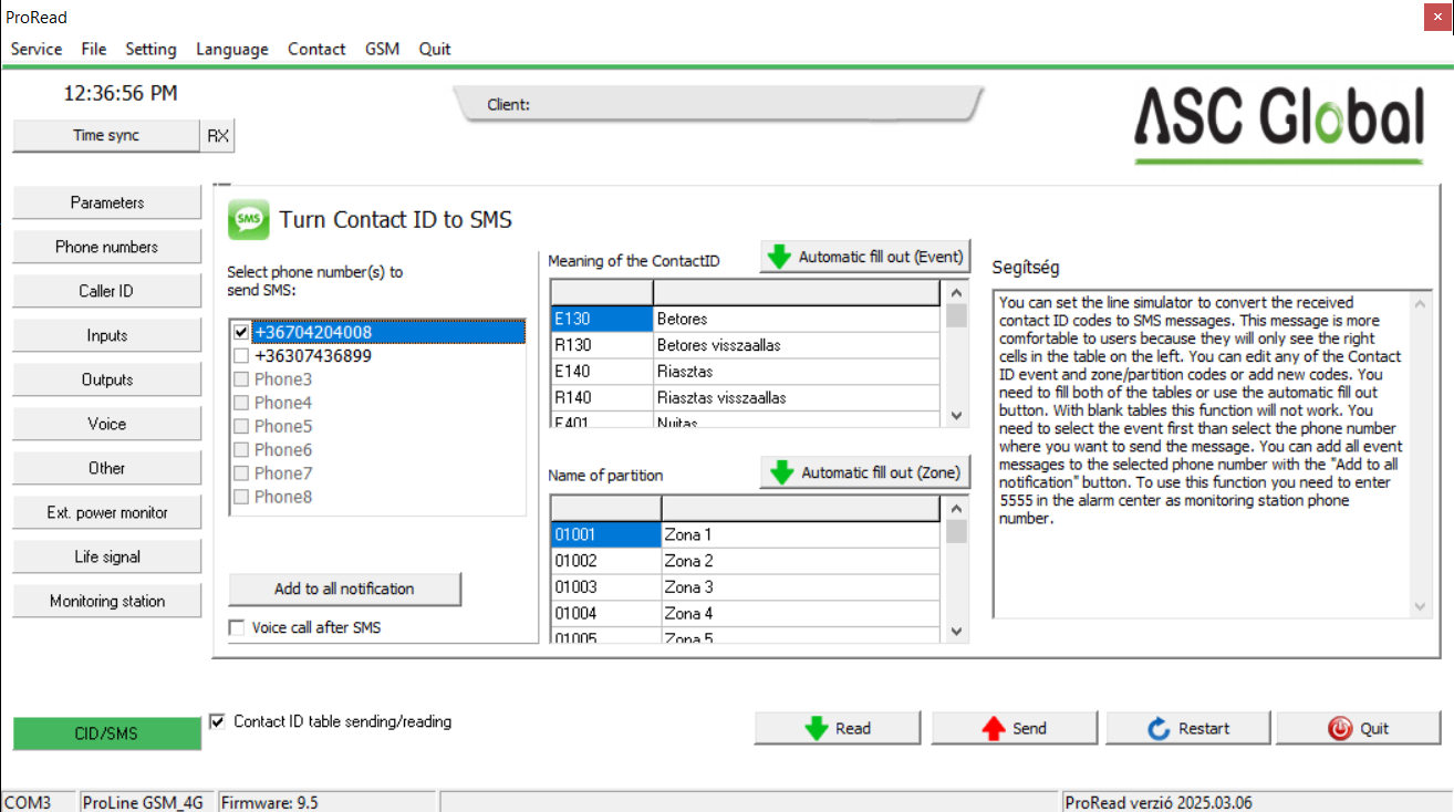 Contact ID settings ProRead - ProLine 4G Cloud