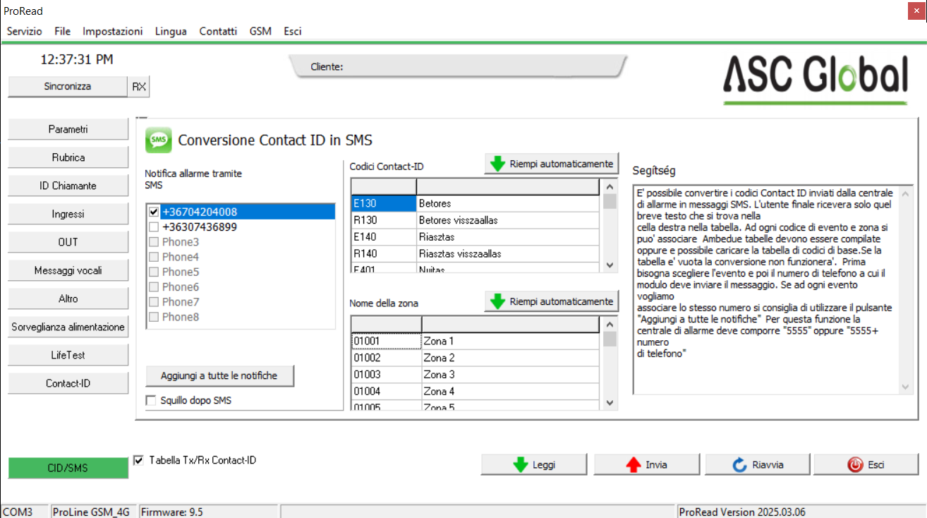 Contact ID Impostazioni ProRead - ProLine 4G Cloud