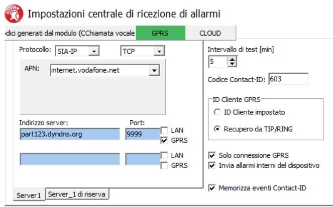Impostazioni centrale di ricezione di allarmi - Proline 4G Cloud - solo GPRS
