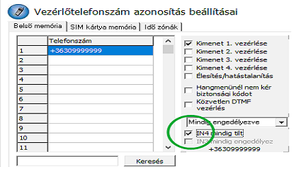 Vezérlő telefonszámok ideiglenes tiltása/engedélyezése